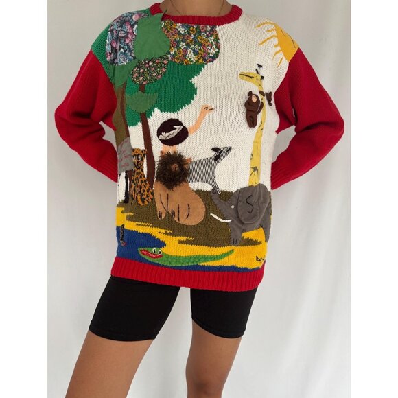 90s vintage Raquels embroidered textured 3D jungle animals hand knit sweater - Picture 3 of 10